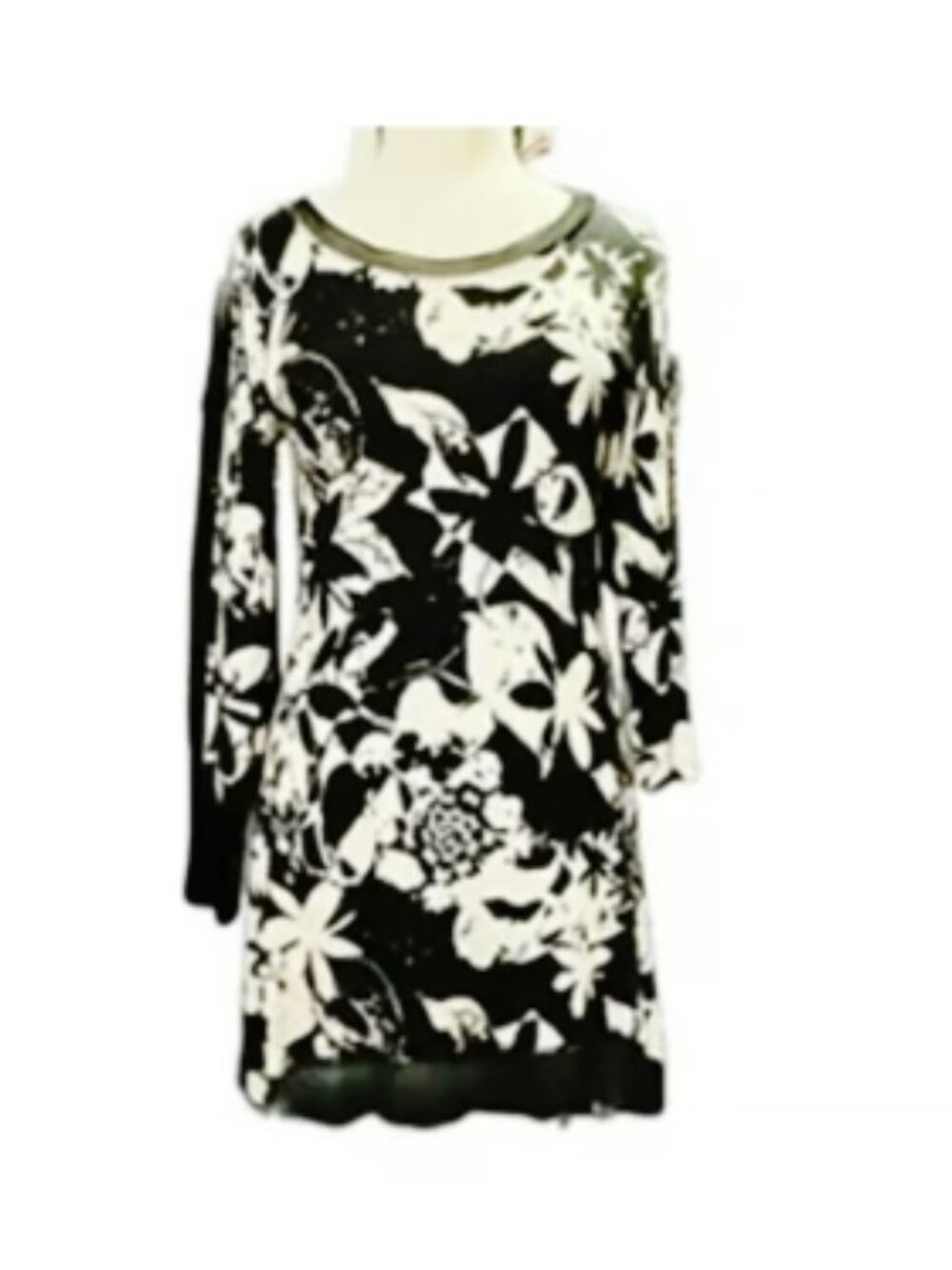 Cupio Assymetrical Long Sleeve Dress Mesh Hem Shift Dress Black White Floral SM